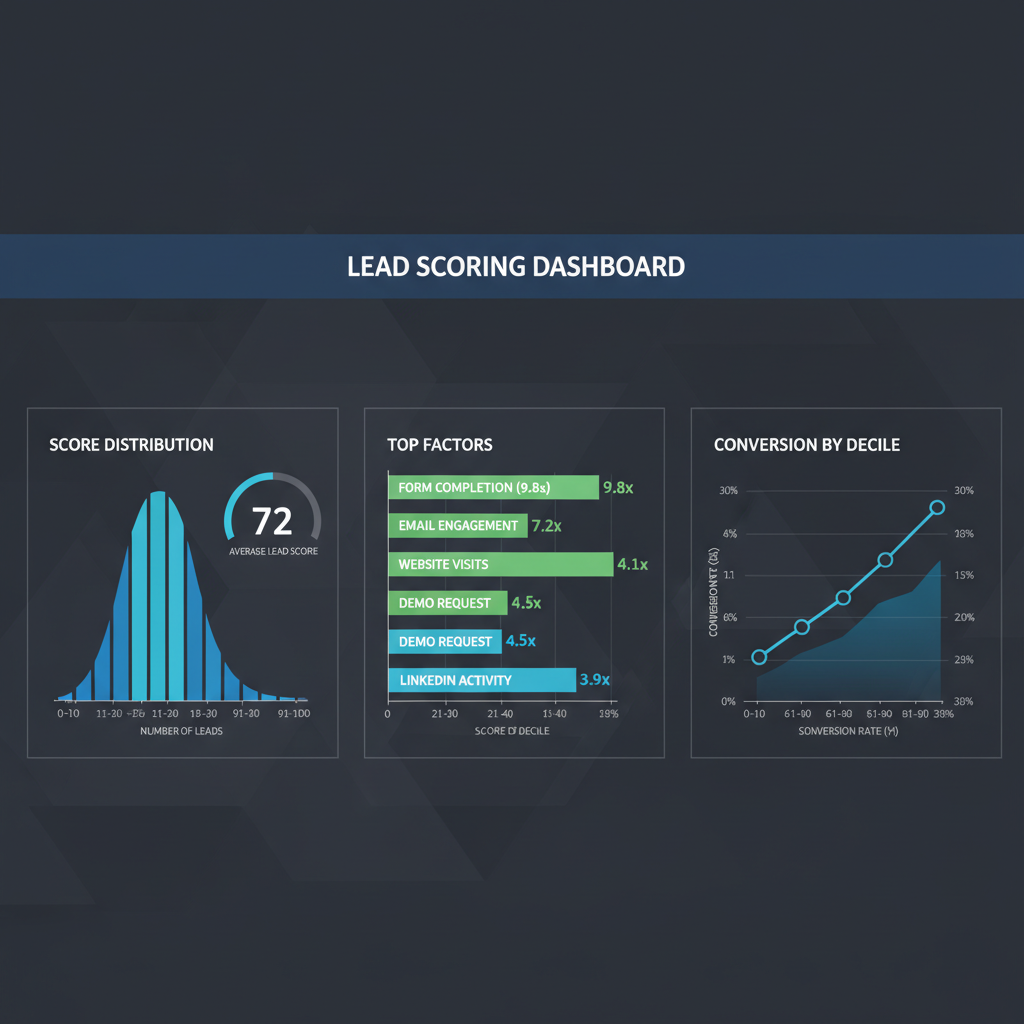 Lead scoring dashboard: score distribution, top factors, conversion by decile