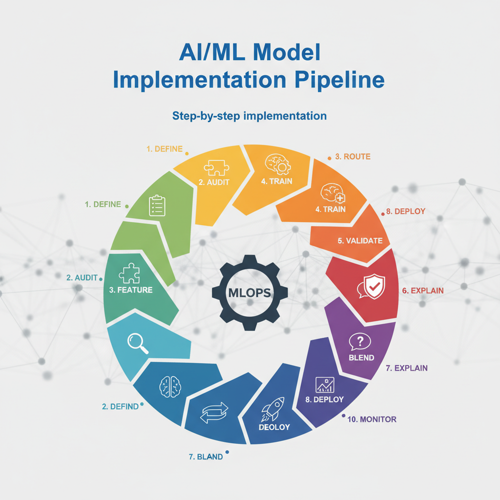 Step-by-step implementation: define, audit, feature, train, validate, explain, blend, deploy, route, monitor
