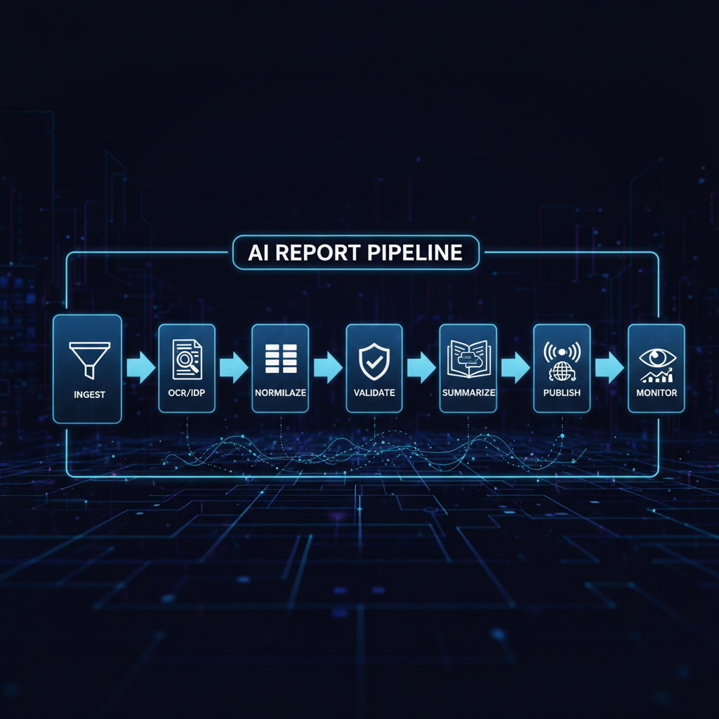 AI report pipeline: ingest → OCR/IDP → normalize → validate → summarize → publish → monitor