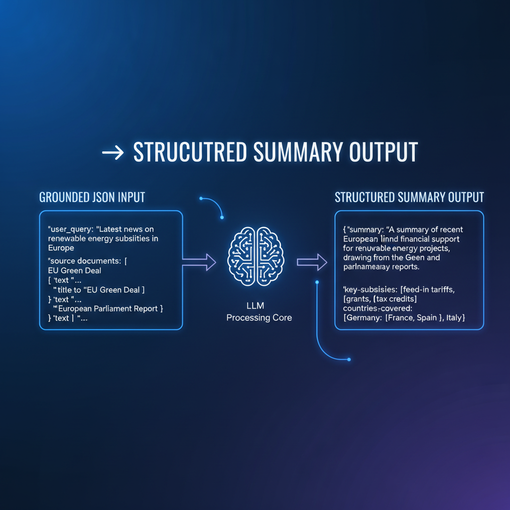 LLM prompt pattern: grounded JSON input → structured summary output