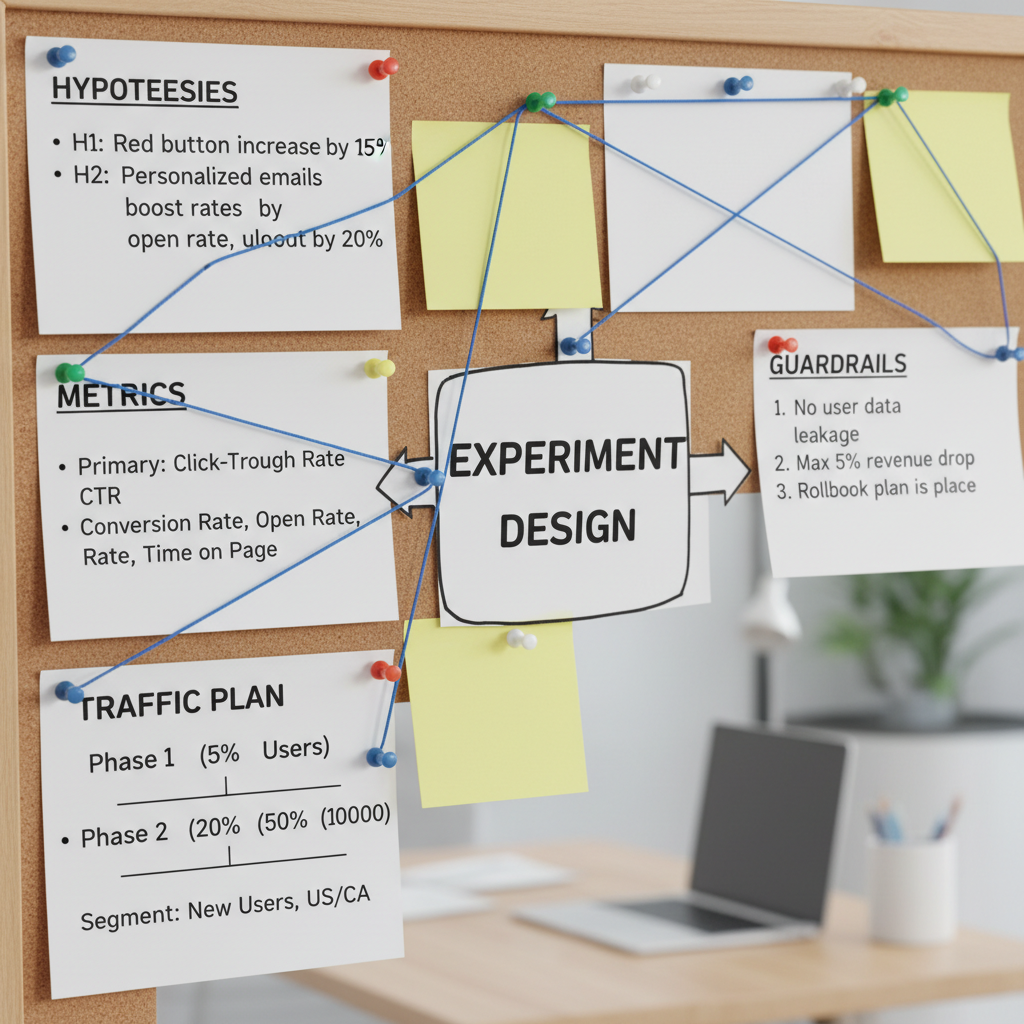 Experiment design board with hypotheses, metrics, guardrails, and traffic plan