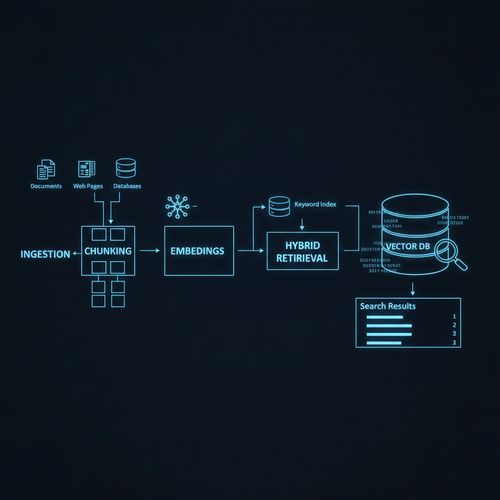 Semantic search architecture: ingestion, chunking, embeddings, vector DB, hybrid retrieval, reranking