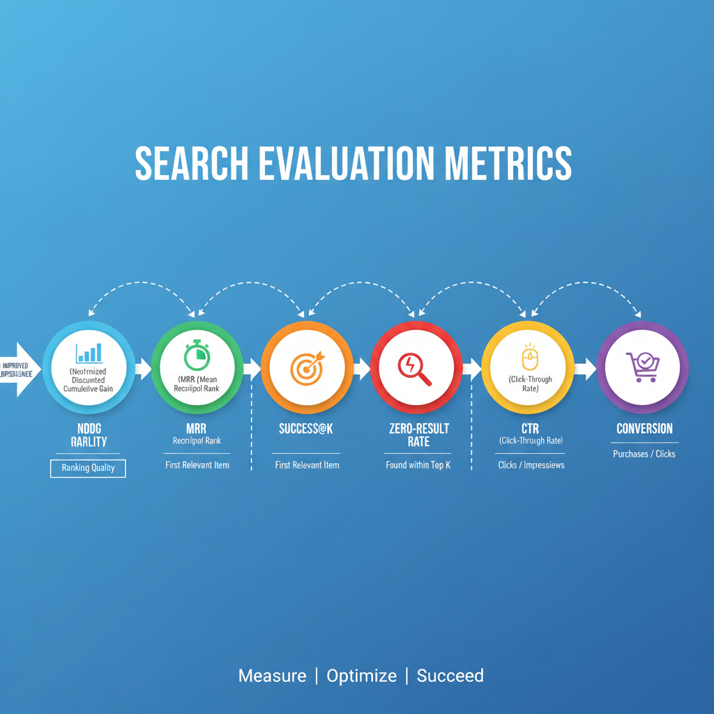 Search evaluation: NDCG, MRR, success@k, zero-result rate, CTR, conversion