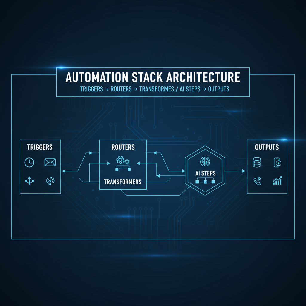 Automation stack architecture: triggers, routers, transformers, AI steps, outputs