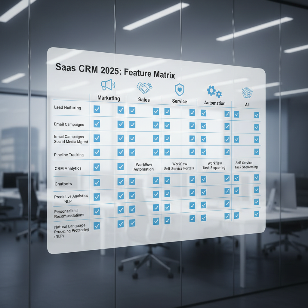 SaaS CRM feature matrix for 2025: marketing, sales, service, automation, AI