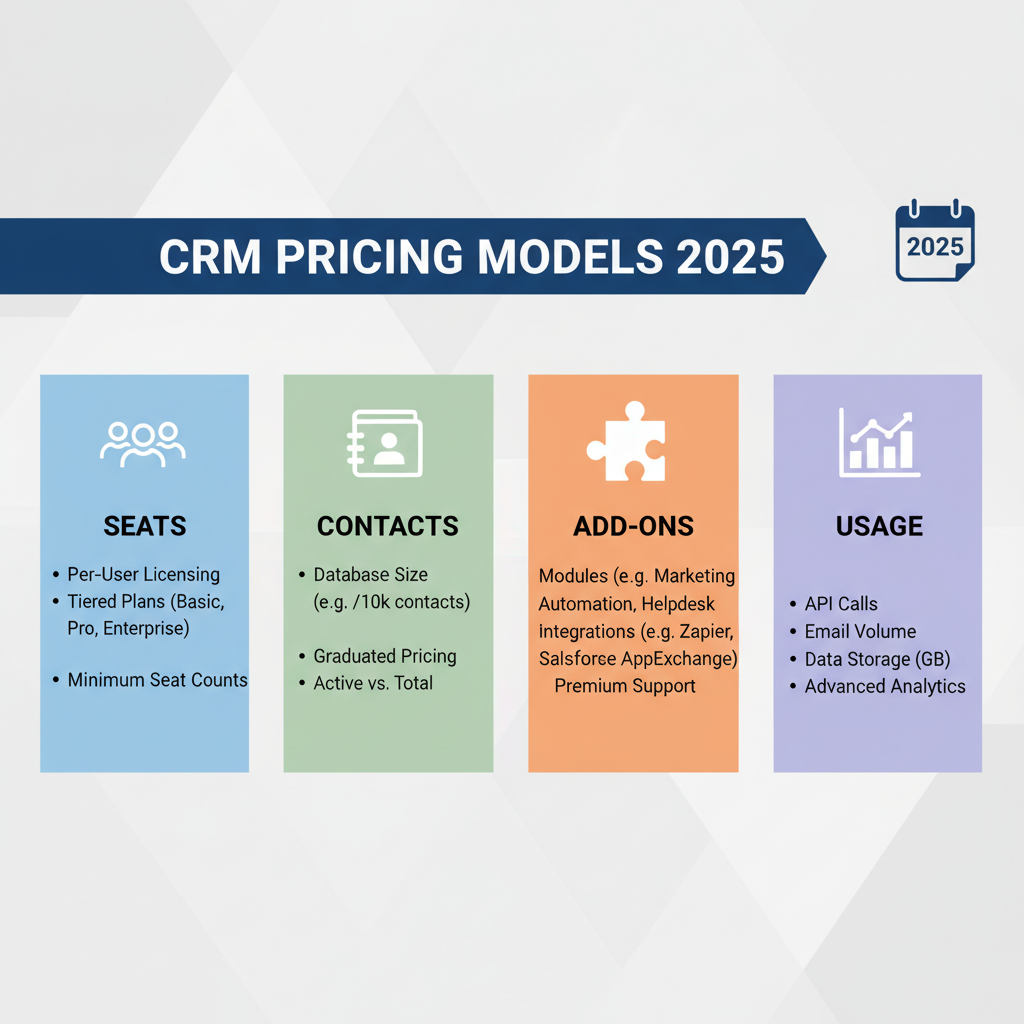 CRM pricing models 2025: seats, contacts, add-ons, usage