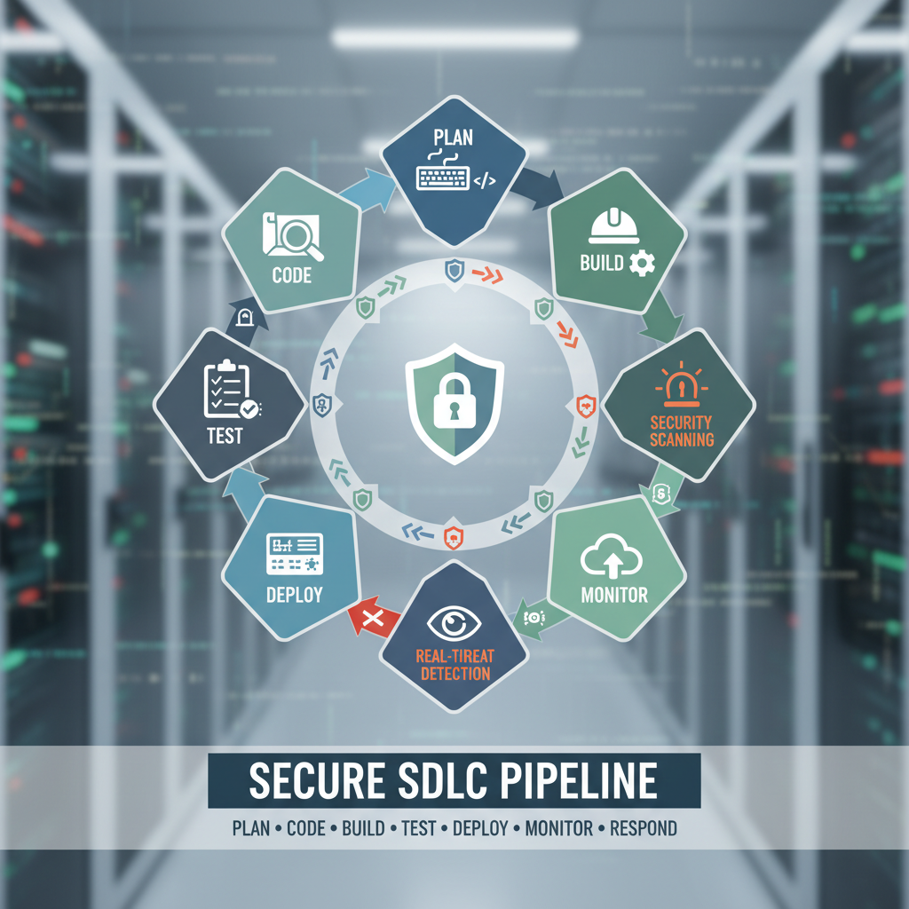 Secure SDLC pipeline: plan, code, build, test, deploy, monitor, respond
