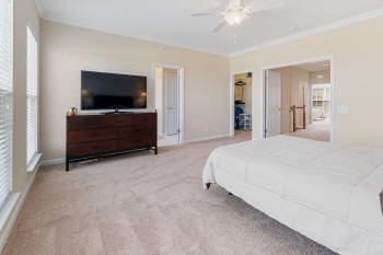 Primary Bedroom featuring ornamental molding, a closet, ceiling fan, and a walk in closet