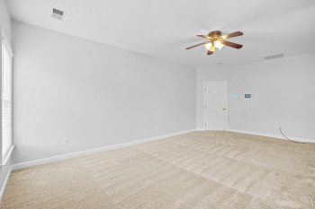 Carpeted empty room with ceiling fan and a healthy amount of sunlight