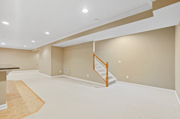 Basement with light colored carpet and crown molding