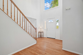 Entrance foyer featuring light hardwood / wood-style flooring, a wealth of natural light, and a towering ceiling