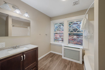Bathroom featuring wood finished floors and vanity