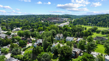 Aerial view of a heavily wooded area