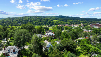 Aerial view of a heavily wooded area