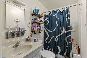 Full bathroom featuring vanity and shower / tub combo with curtain