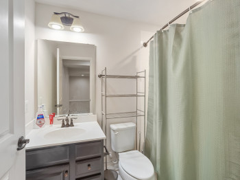 Full bathroom featuring vanity and a shower with shower curtain