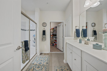 Beautifully tiled shower in this large primary bath also including a sizeable walk in closet.