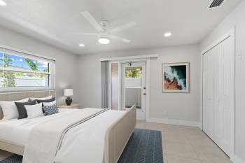 Bedroom #2 Virtually staged with furnishings featuring ceiling fan, access to exterior covered porch, recessed lighting, a closet, and light tile patterned flooring