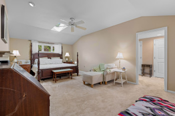 Spacious room featuring vaulted ceilings, a skylight, a ceiling fan, plush carpeting, and a neutral color palette
