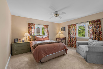 Carpeted room featuring a ceiling fan, two windows with patterned drapes, a built-in light fixture, and a light-toned wall finish