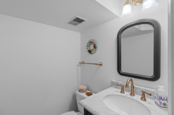 Bathroom vanity featuring a white oval sink, a stone-finish countertop, and a bronze-finish faucet