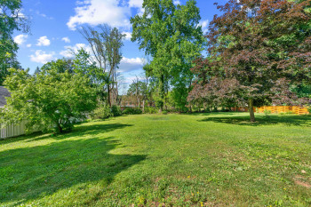 Expansive grassy backyard featuring mature deciduous trees and a partial wood fence