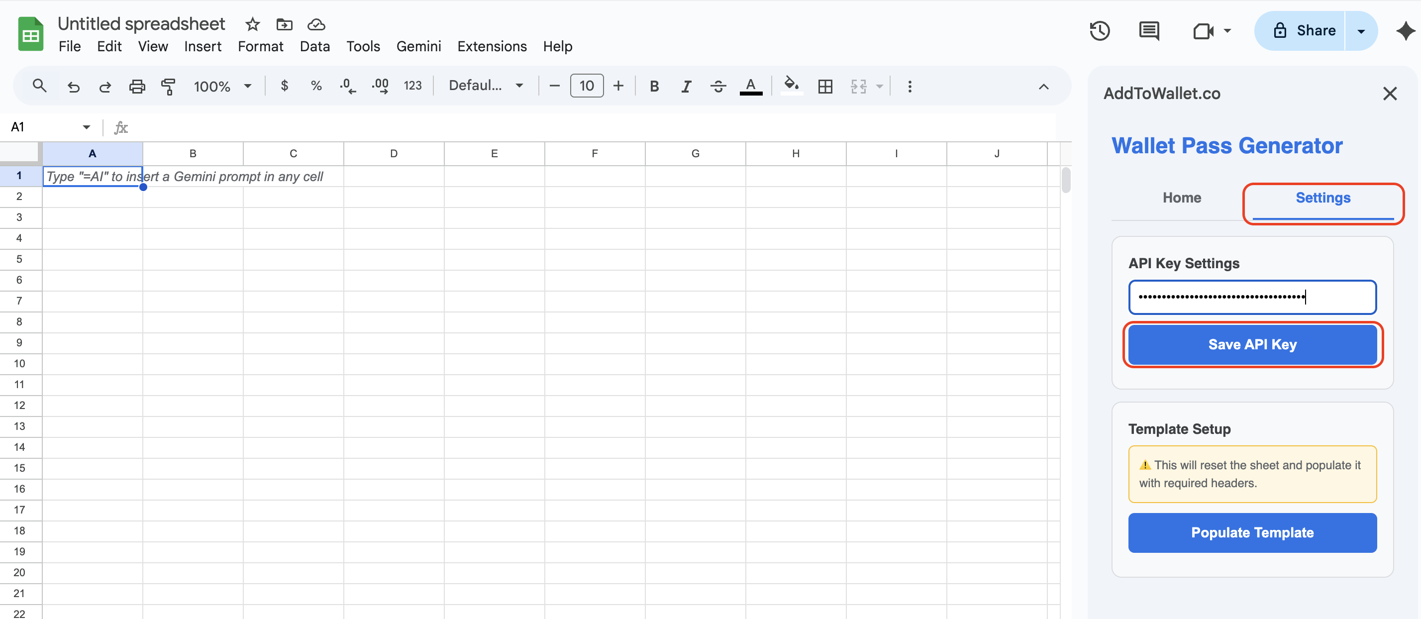 Open the Wallet Pass Generator add-on in Google Sheets