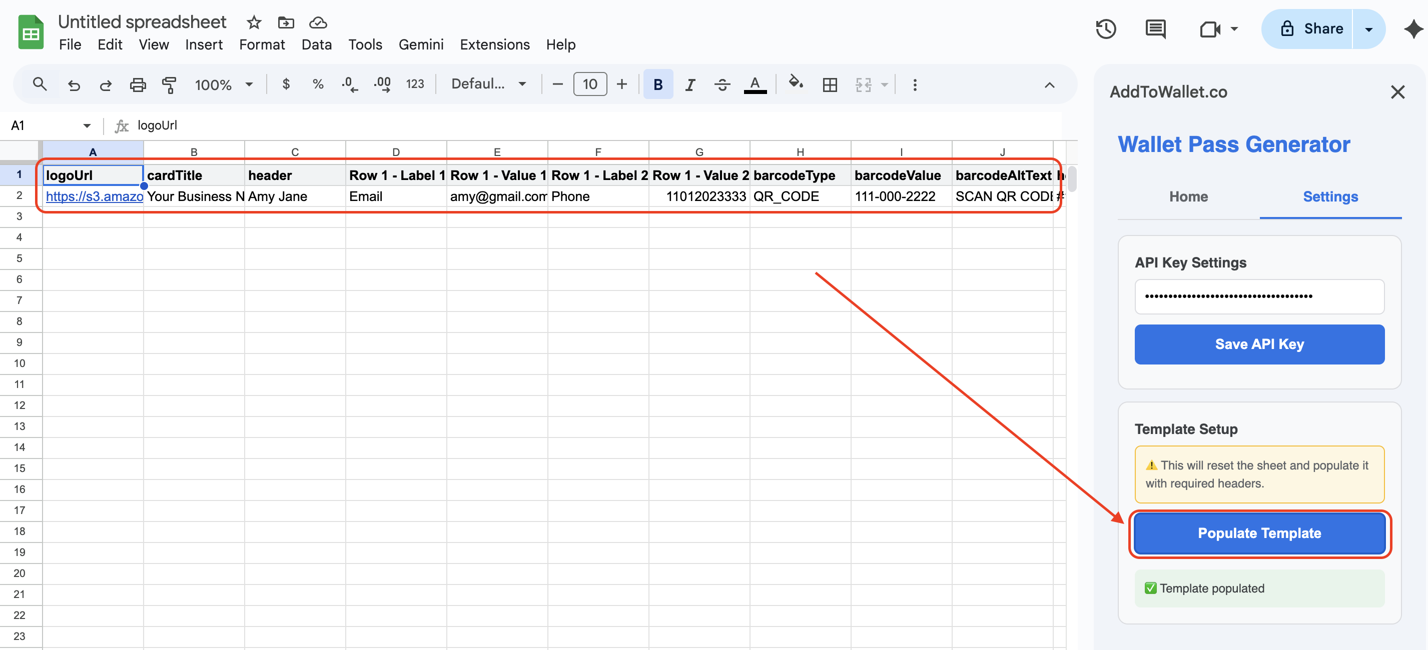 Map sheet columns to wallet pass fields
