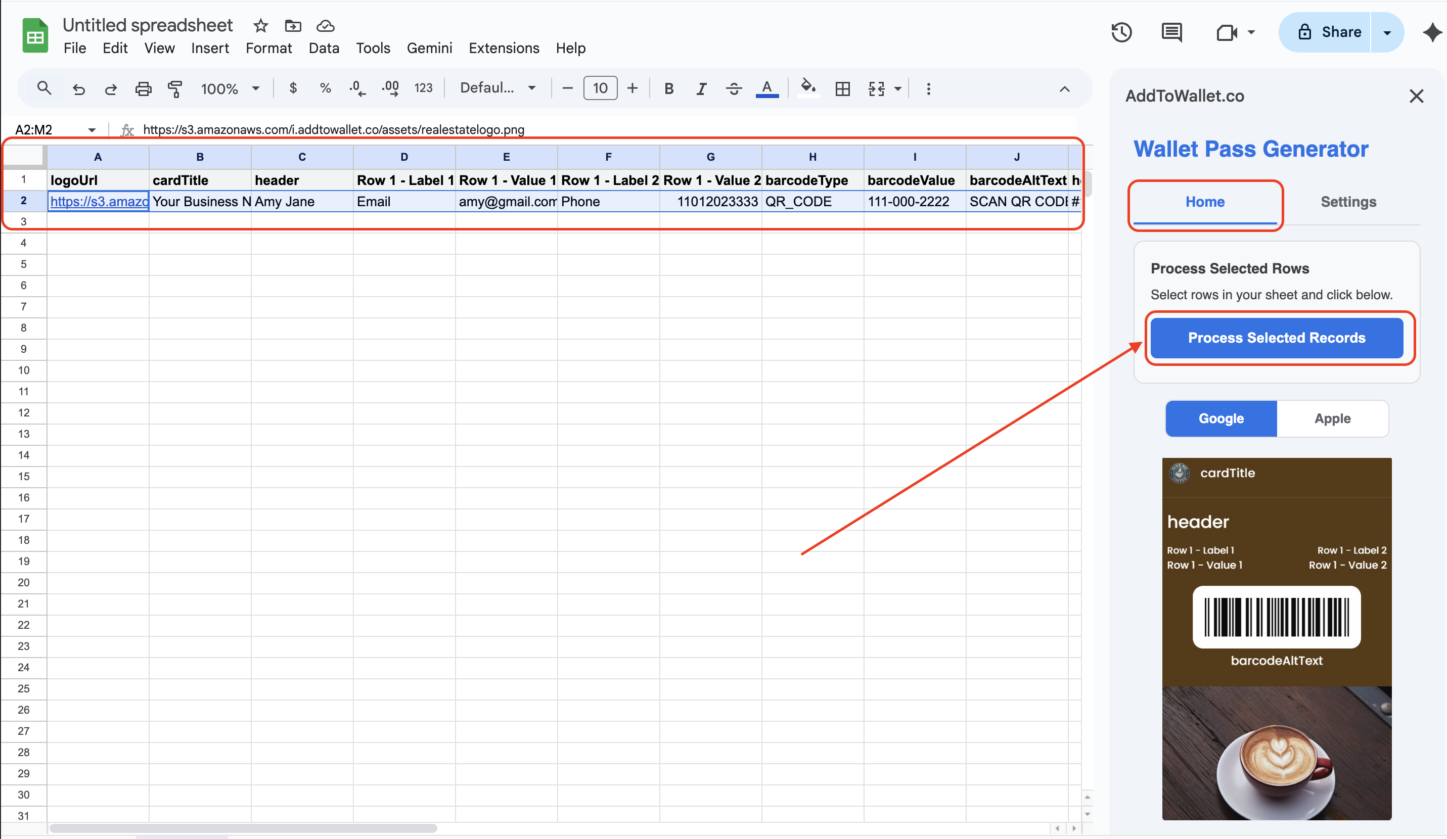 Open the Wallet Pass Generator add-on in Google Sheets