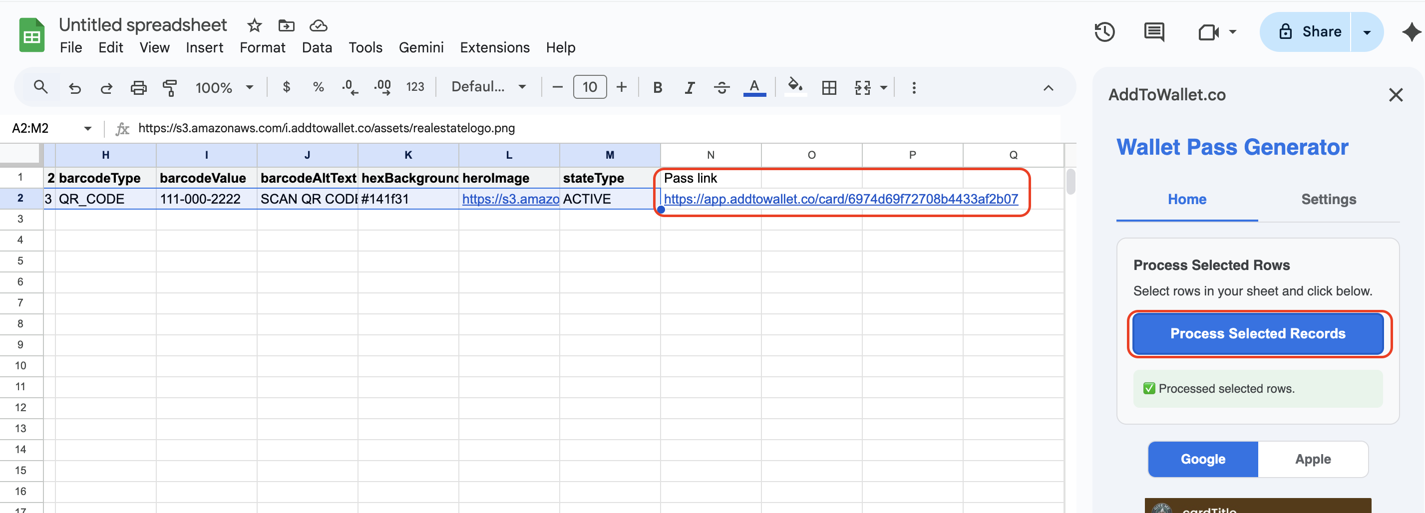Map sheet columns to wallet pass fields