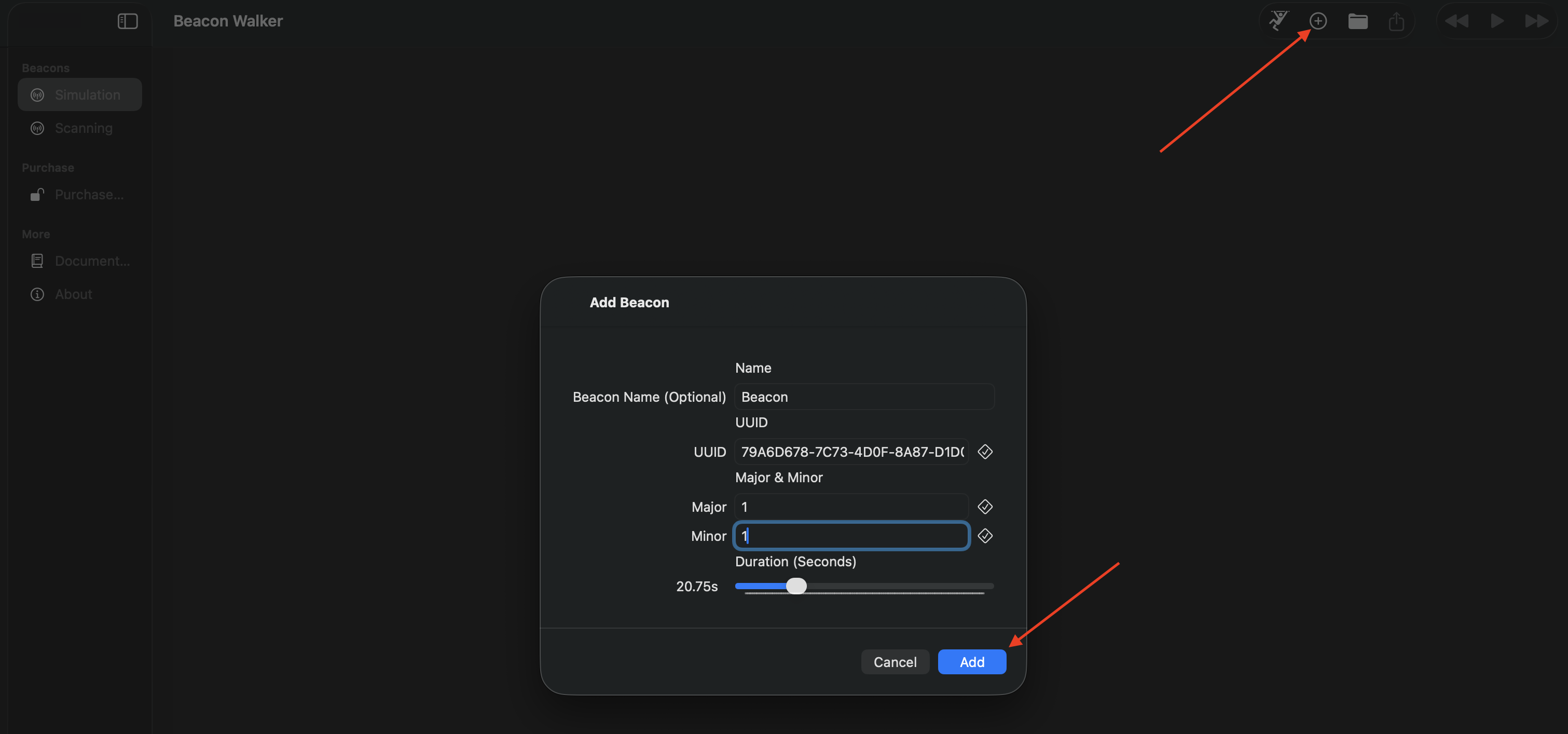 Beacon Walker add-beacon screen with UUID, major, and minor matching the pass