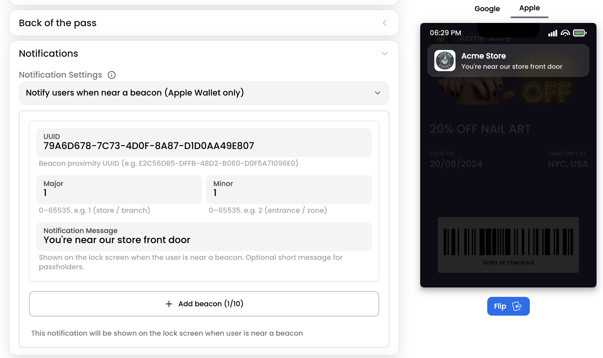 Pass editor Notification Settings with beacon UUID, major, minor, and notification message
