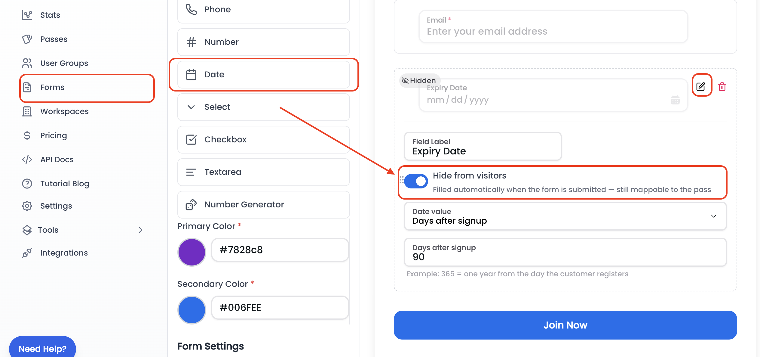 Adding a hidden Expiry Date field with Hide from visitors enabled