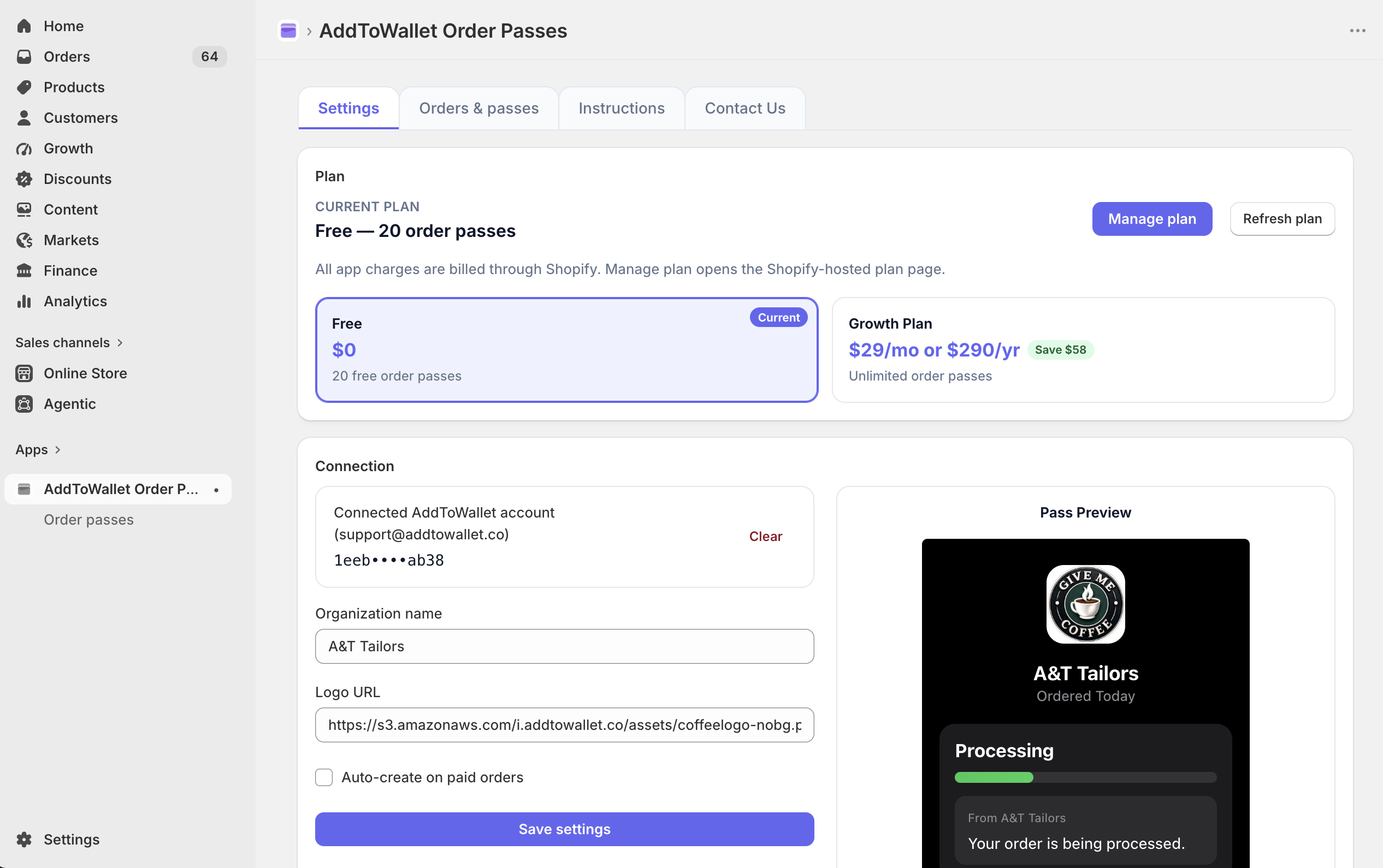 Organization name, logo URL, Save settings