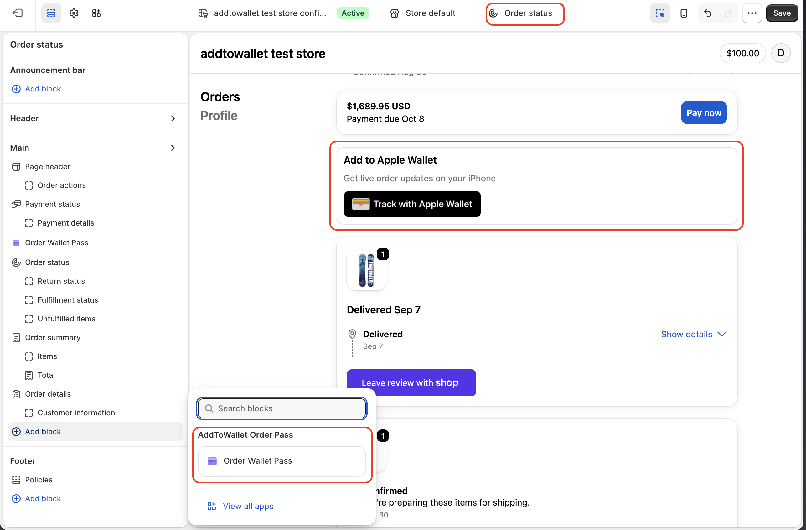Order Wallet Pass on Order status