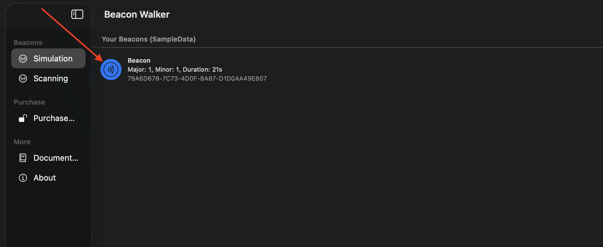 Beacon Walker with Simulate enabled for the configured beacon