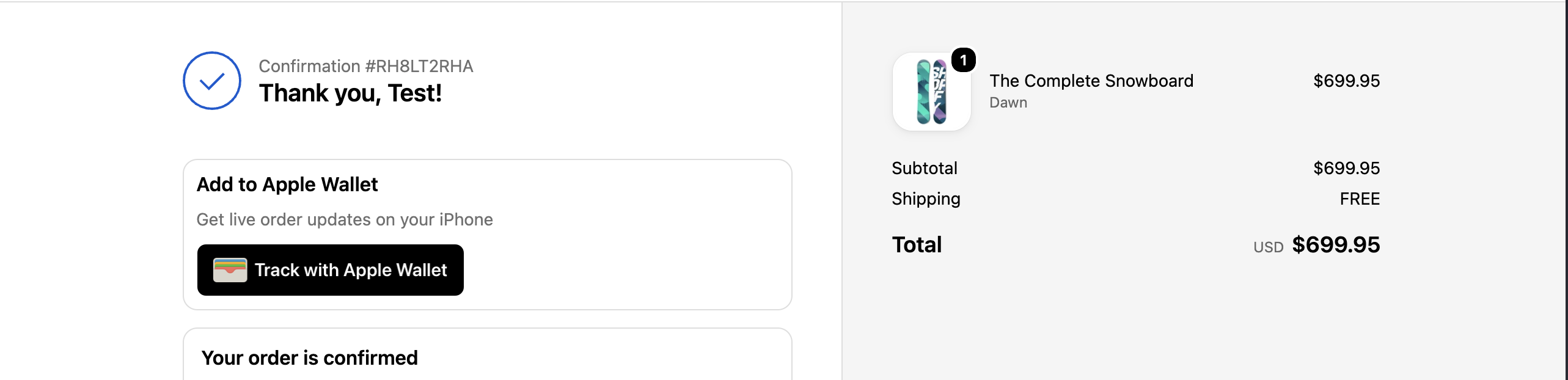 Thank you page with Track with Apple Wallet