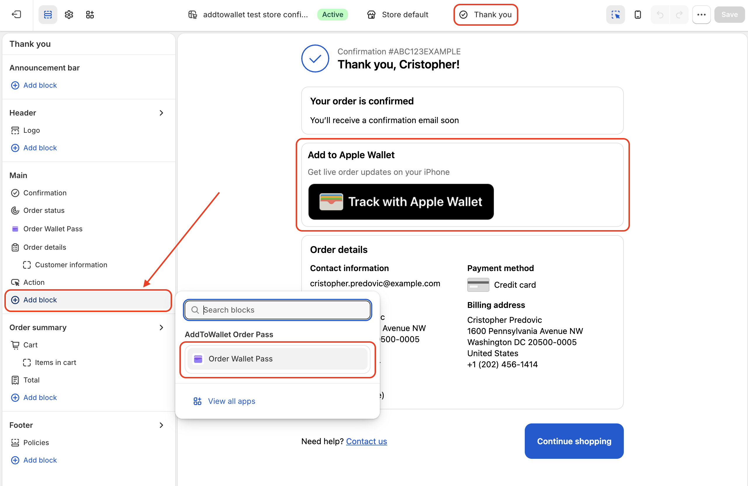 Checkout editor: Order Wallet Pass on Thank you