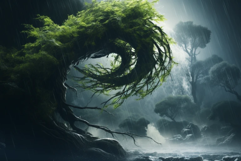 Image of a bamboo tree bending in a storm