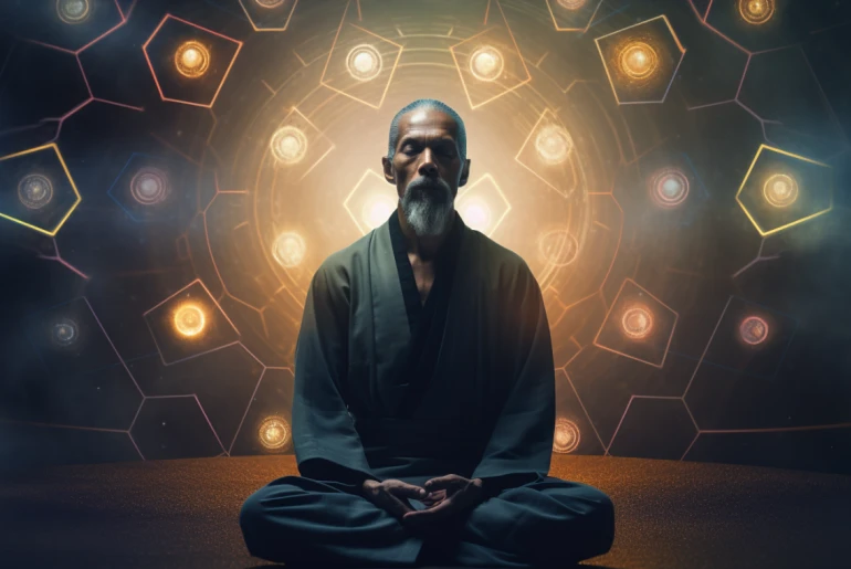 Person meditating with the I Ching hexagrams surrounding them
