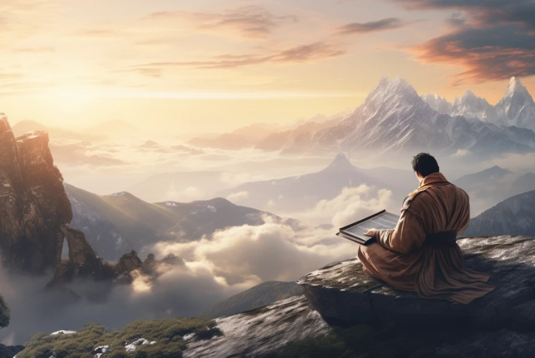 Person meditating on a mountaintop with the I Ching book in hand
