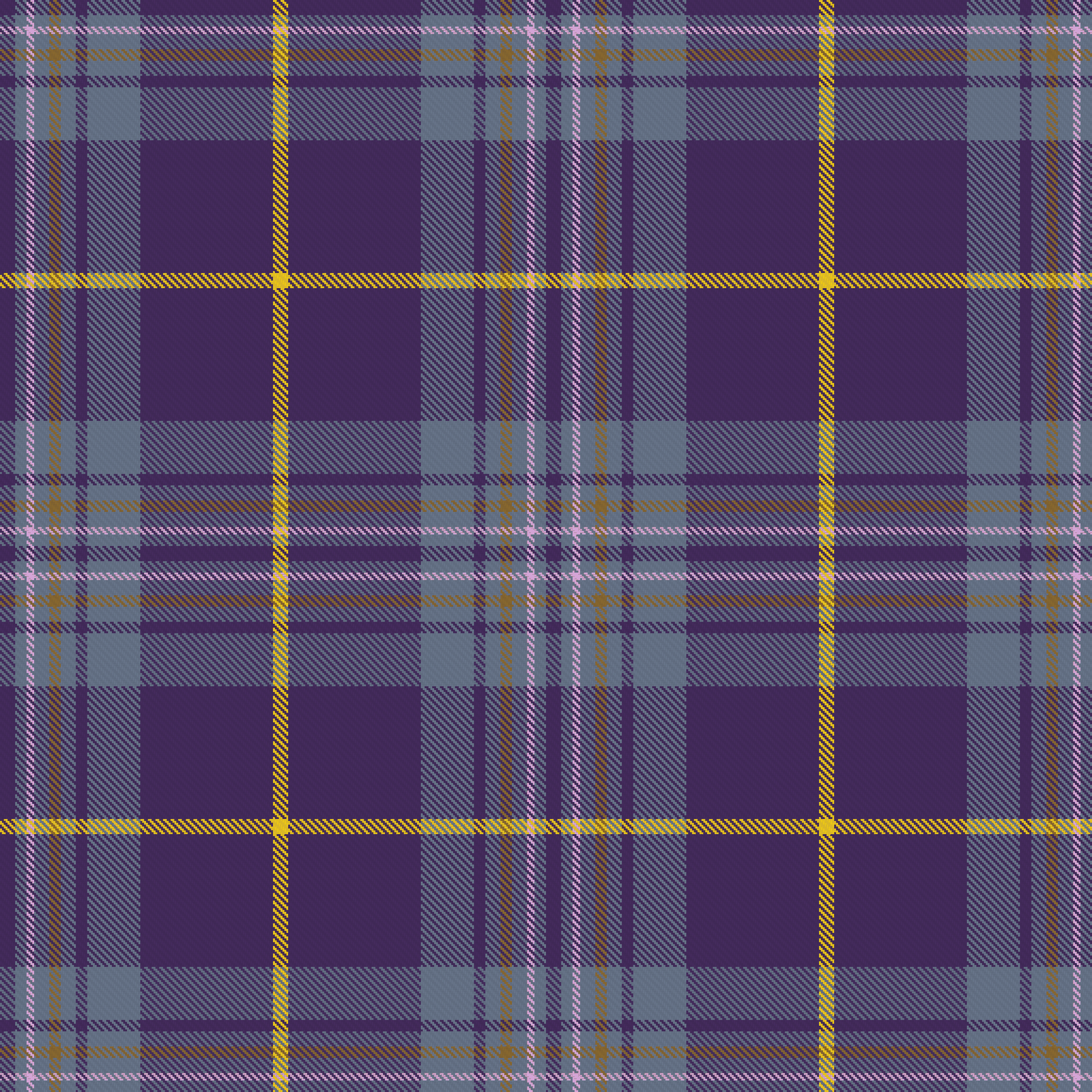 The Homeplace tartan: dark purple ground with grey blue blocks, fine light purple and brown lines, and a bright yellow crossing line.