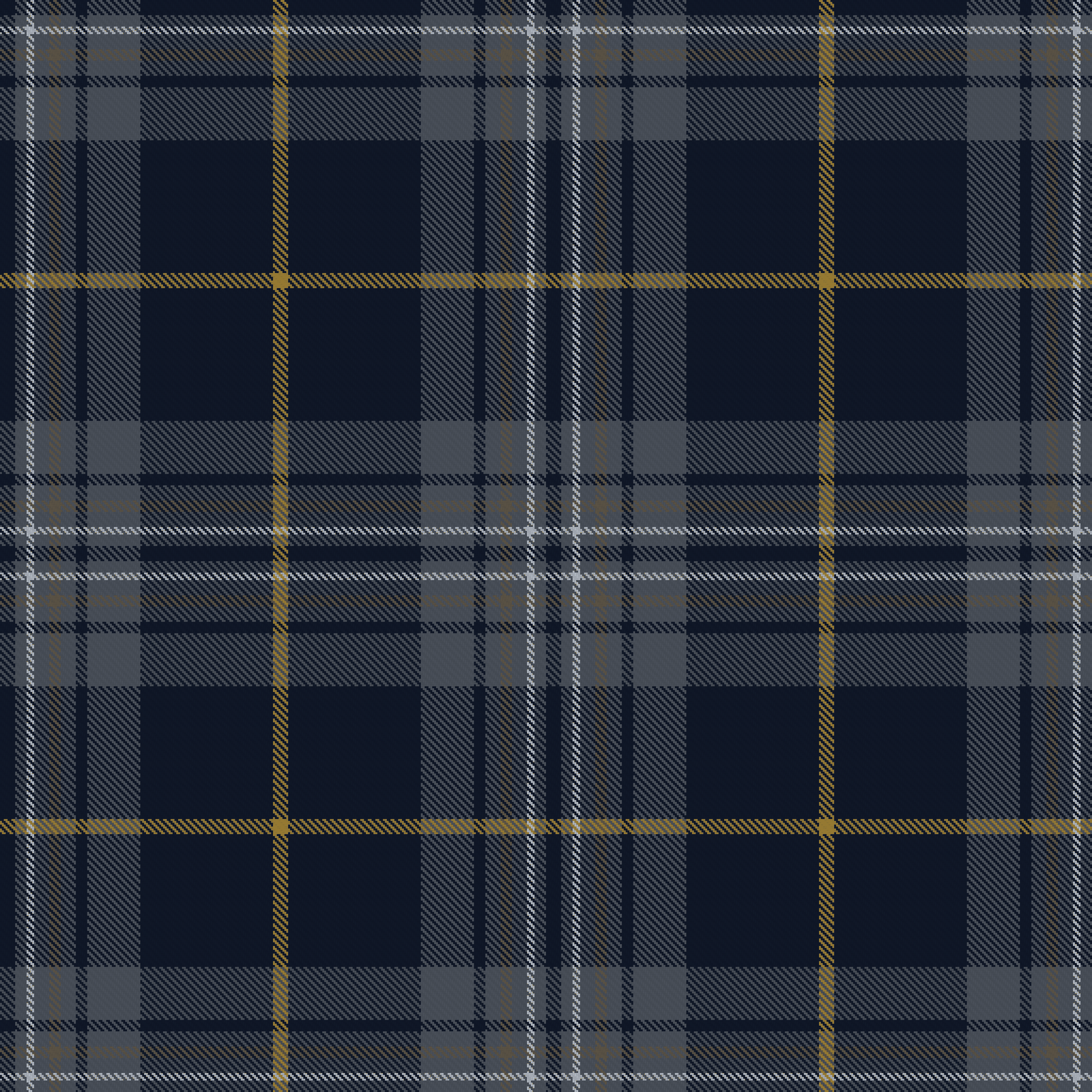 The Midnight Formal tartan: near black midnight blue ground with charcoal grey blocks, pale silver lines and a fine antique gold crossing line.