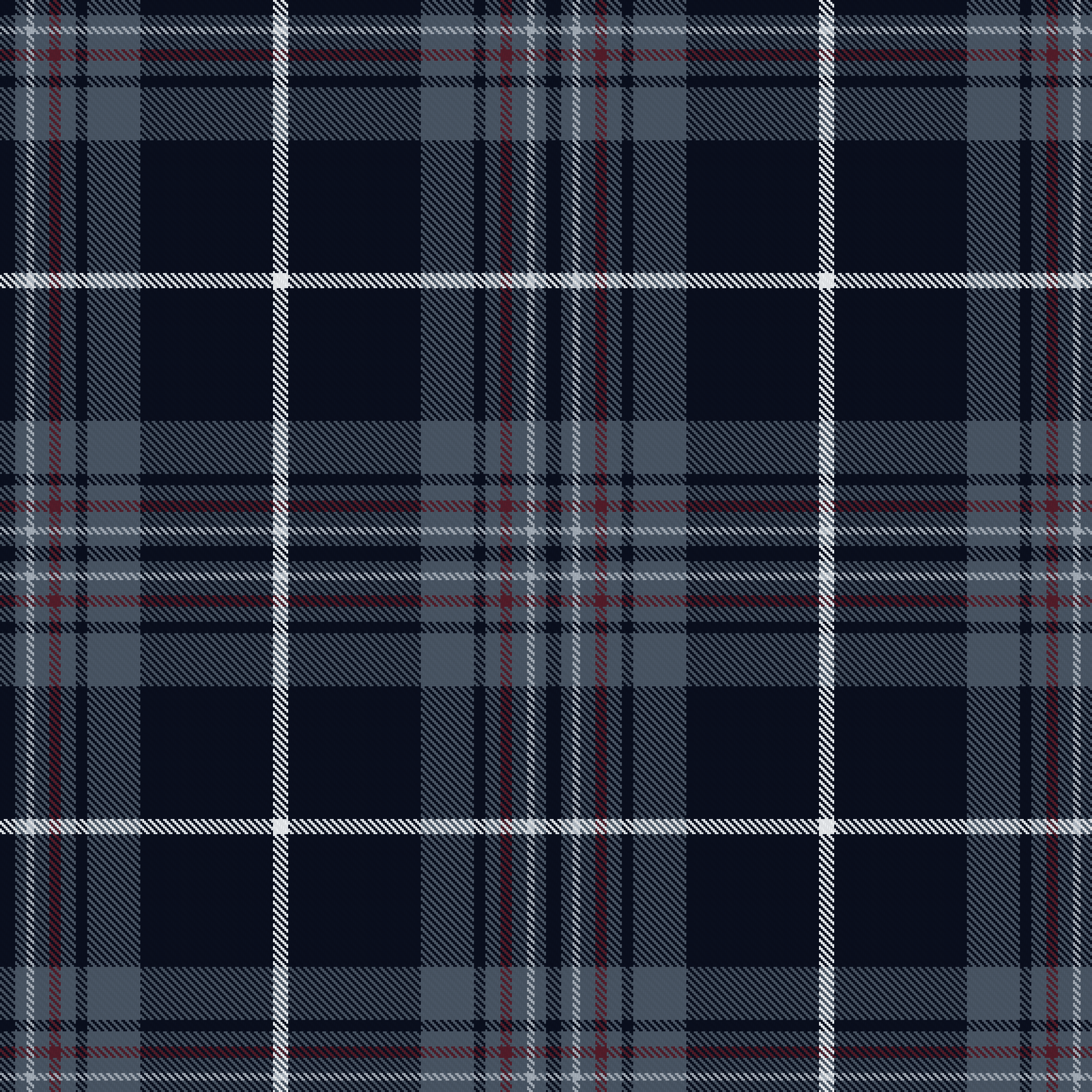 The Shaconage Dress tartan: near black midnight ground with smoke blue blocks, silver and dark crimson lines, and a bright pearl white crossing line.