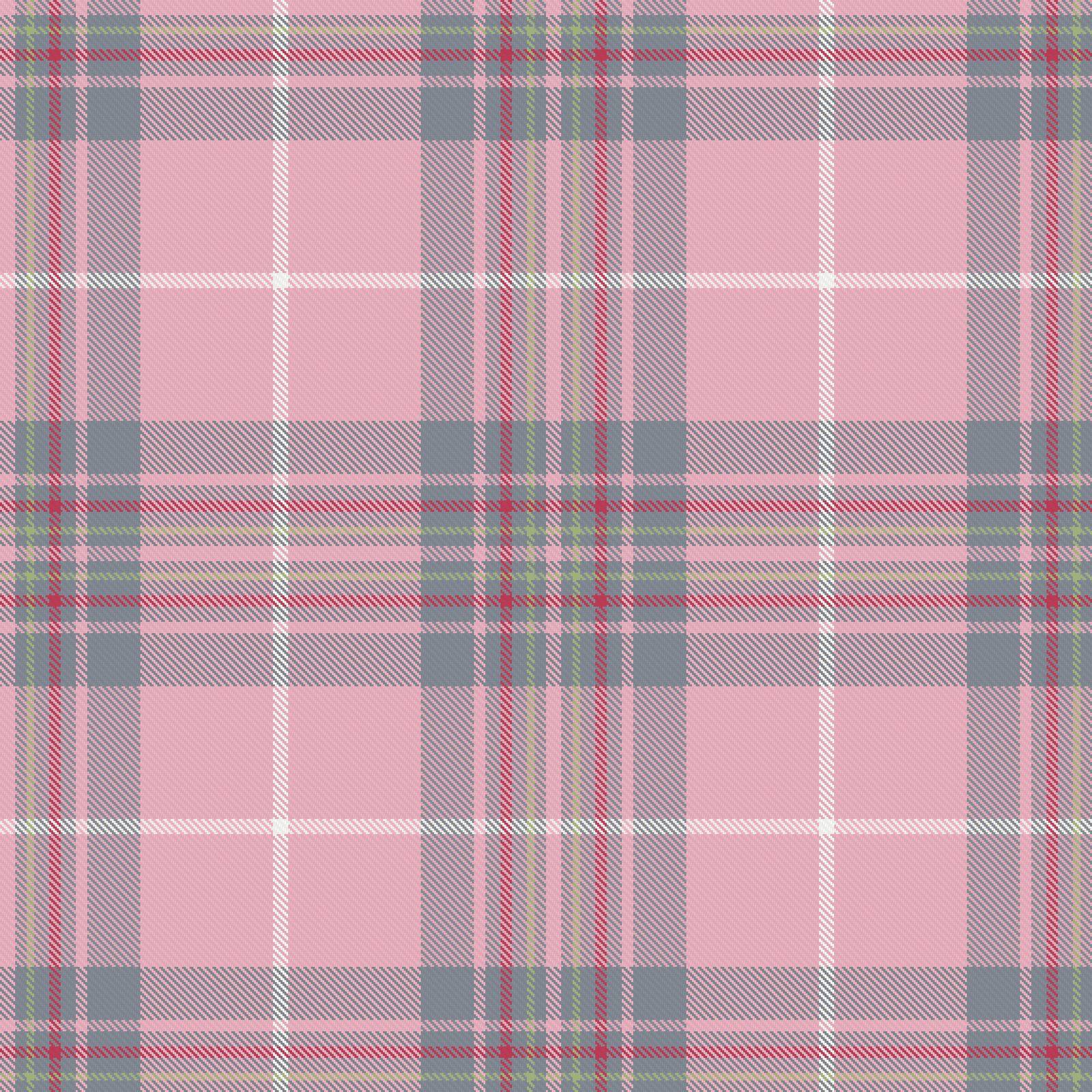 The Tidal Basin Spring tartan: blossom pink ground with monument grey blocks, muted foliage green and soft cherry lines, and a white crossing line.