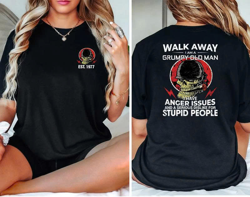 Grumpy Old Man T-Shirt – Walk Away I Have Anger Issues Funny Skull Tee for Men, Veteran Attitude Shirt, Sarcastic Humor Graphic Tee - Media 2