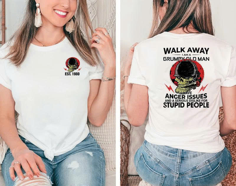 Grumpy Old Man T-Shirt – Walk Away I Have Anger Issues Funny Skull Tee for Men, Veteran Attitude Shirt, Sarcastic Humor Graphic Tee - Media 3