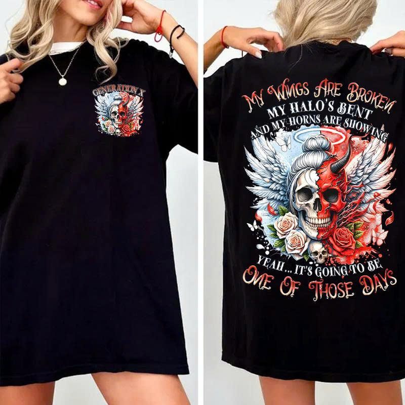 My Wings Are Broken Skull Angel Shirt – Funny Dark Humor Graphic Tee for Women & Men, Gothic Angel Devil Wing Shirt - Media 2