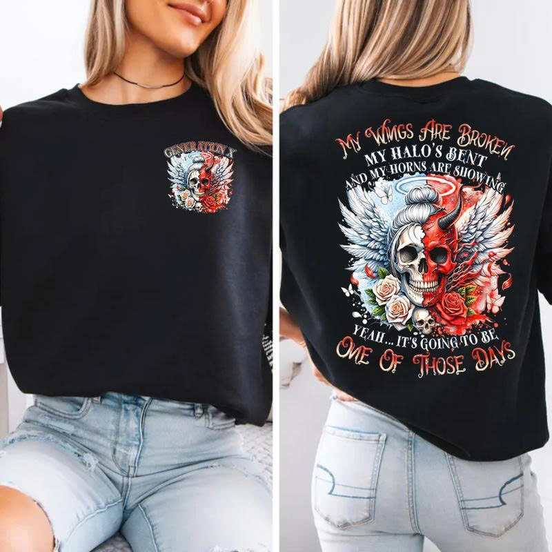 My Wings Are Broken Skull Angel Shirt – Funny Dark Humor Graphic Tee for Women & Men, Gothic Angel Devil Wing Shirt - Media 3