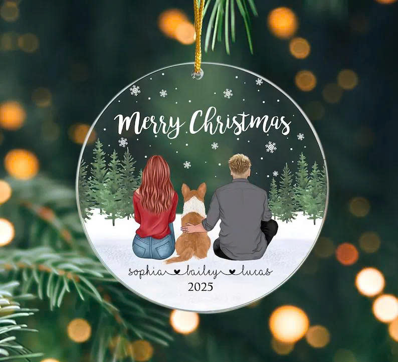 Personalized Couple and Pet Ornament – Custom Couple with Dog Christmas Keepsake Gift